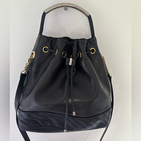 Vintage ITALIAN SISO Black Leather Bucket Bag Purse - Picture 3 of 10